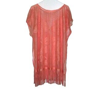 Bathing Suit  Swim Sheer Coverup Coral Orange Openwork Fringes Loose OSFM